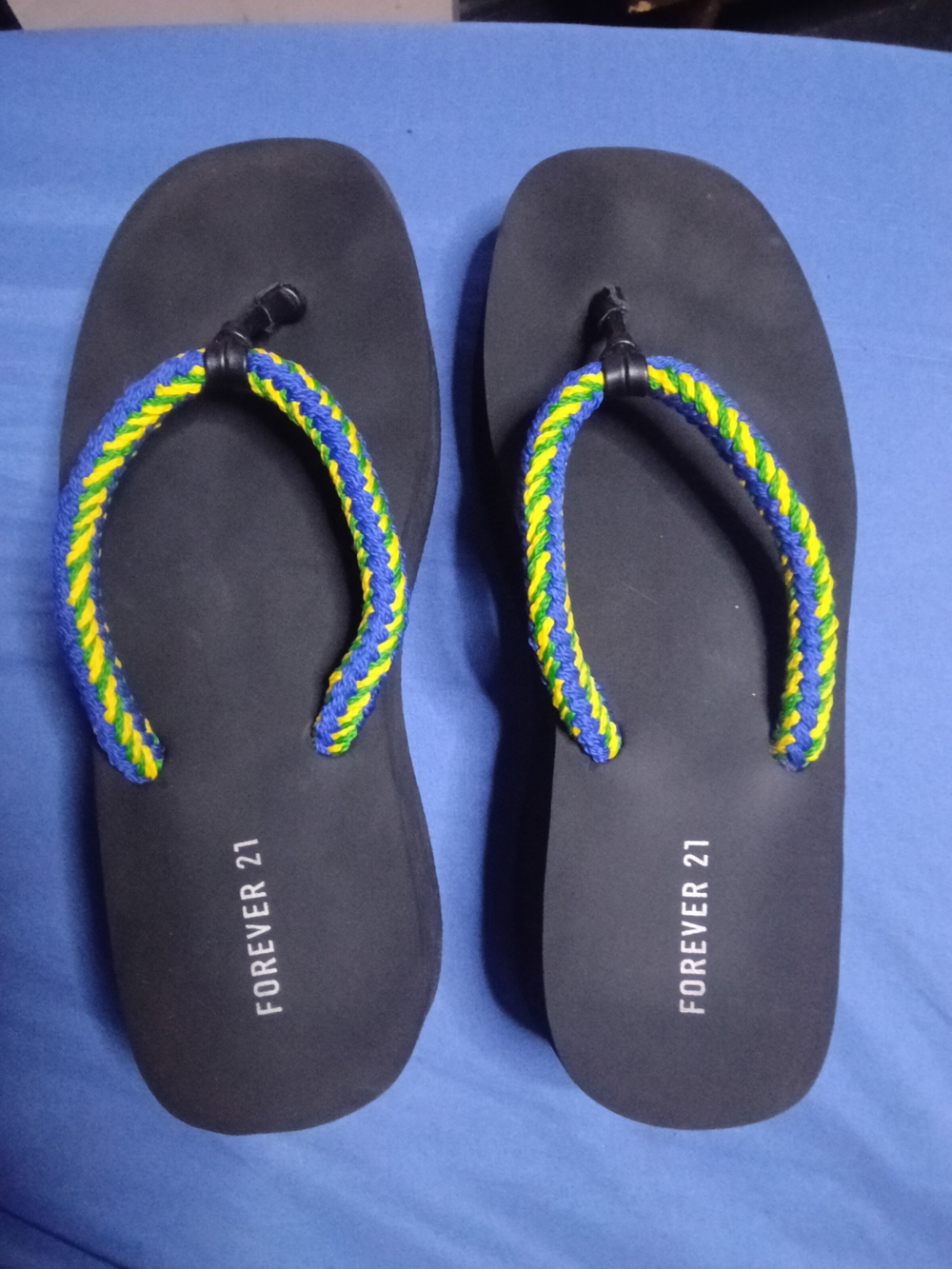 Forever 21 Black Sandal Flip Flops with Blue, Yellow & Green Braided Straps